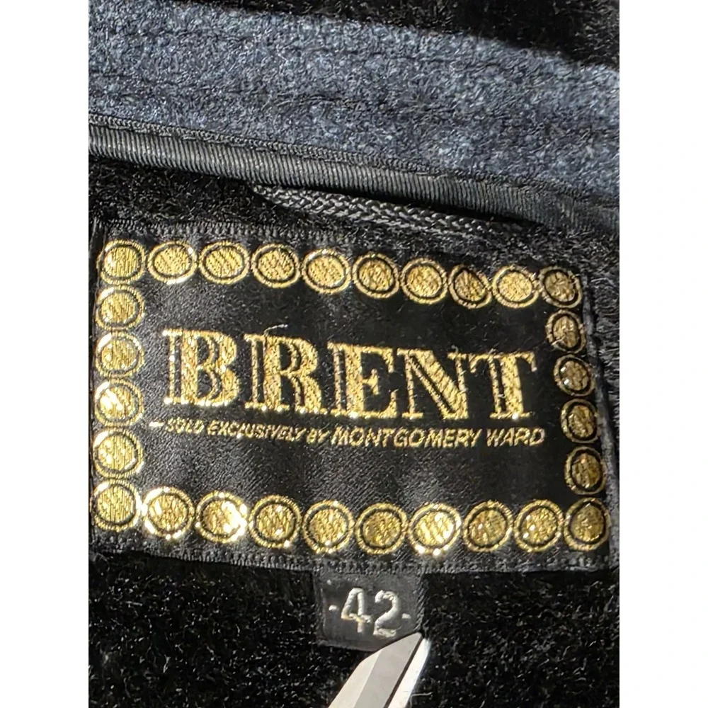 Vintage 60s BRENT Black‎ Wool Coat Faux Fur Collar 42 Leather Buttons